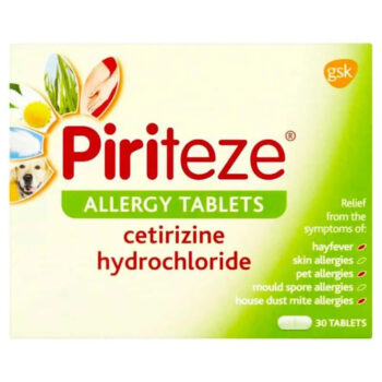 Box of Piriteze Cetirizine 10mg Tablets for hayfever relief