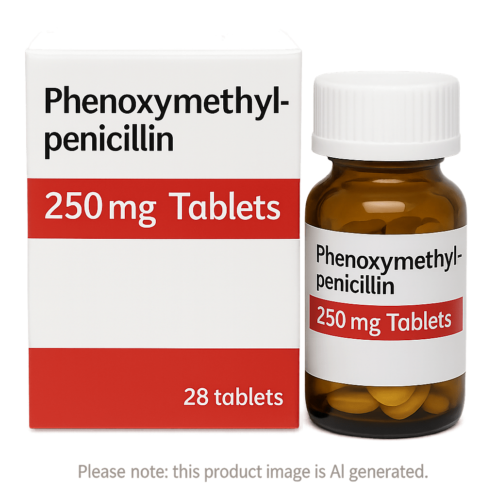 Box of Phenoxymethylpenicillin Tablets for tonsillitis treatment